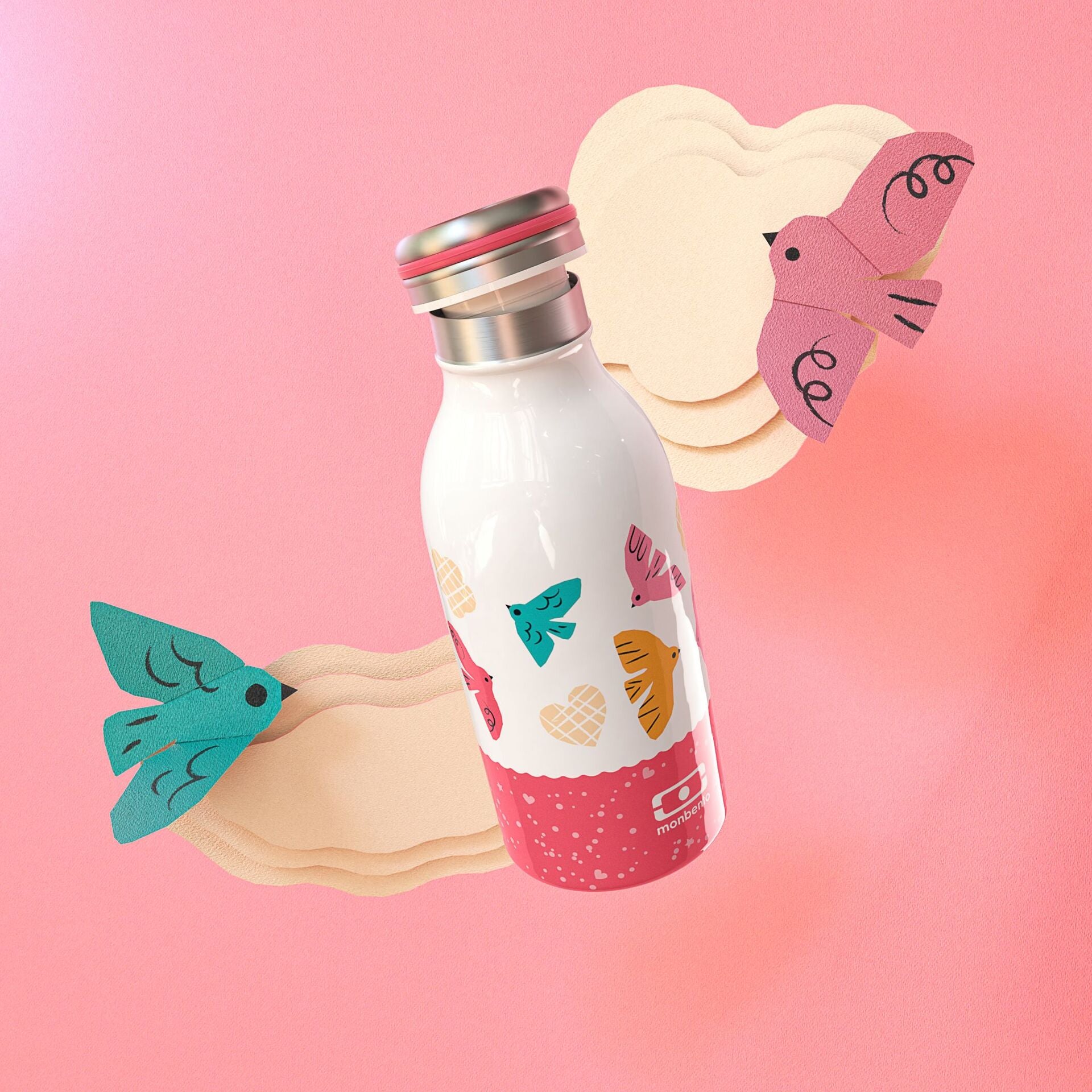 Monbento Cooly dětská termoláhev na pití 350 ml, pink birds, 47274121