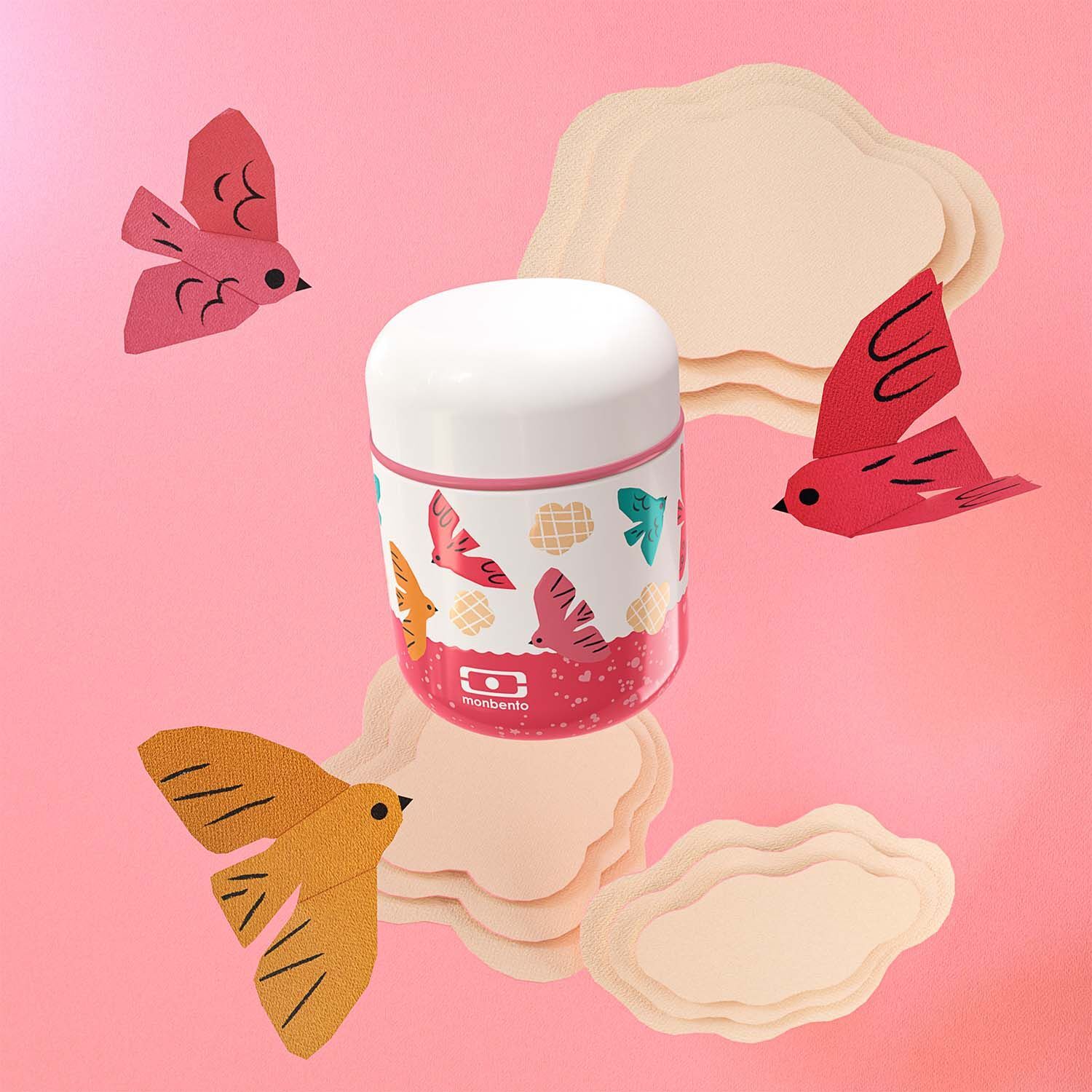 Monbento Capsule dětský termobox na jídlo 0,28 l, pink birds, 25334121