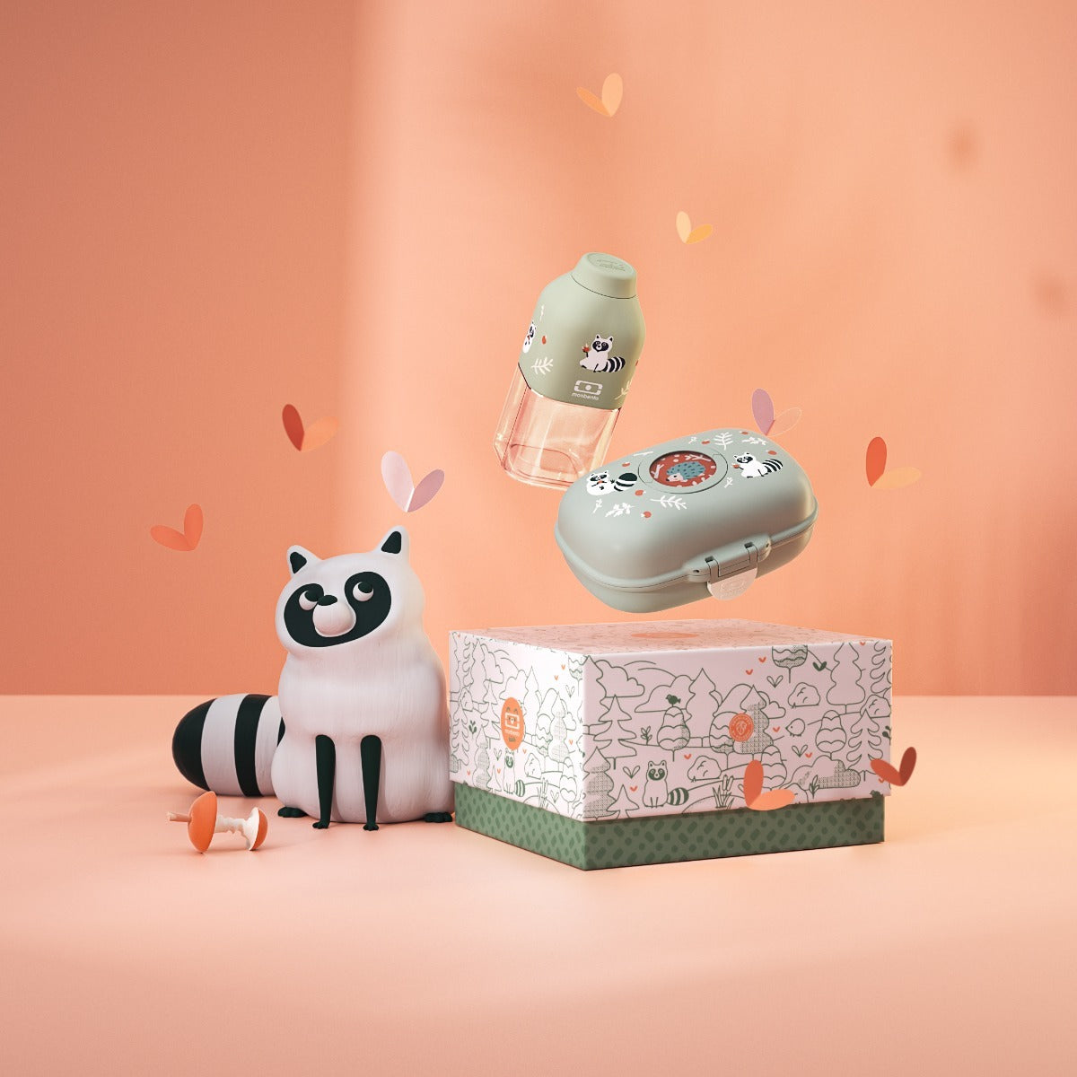 Monbento Gram dárková sada dětského svačinového boxu, green raccoon, 88017353
