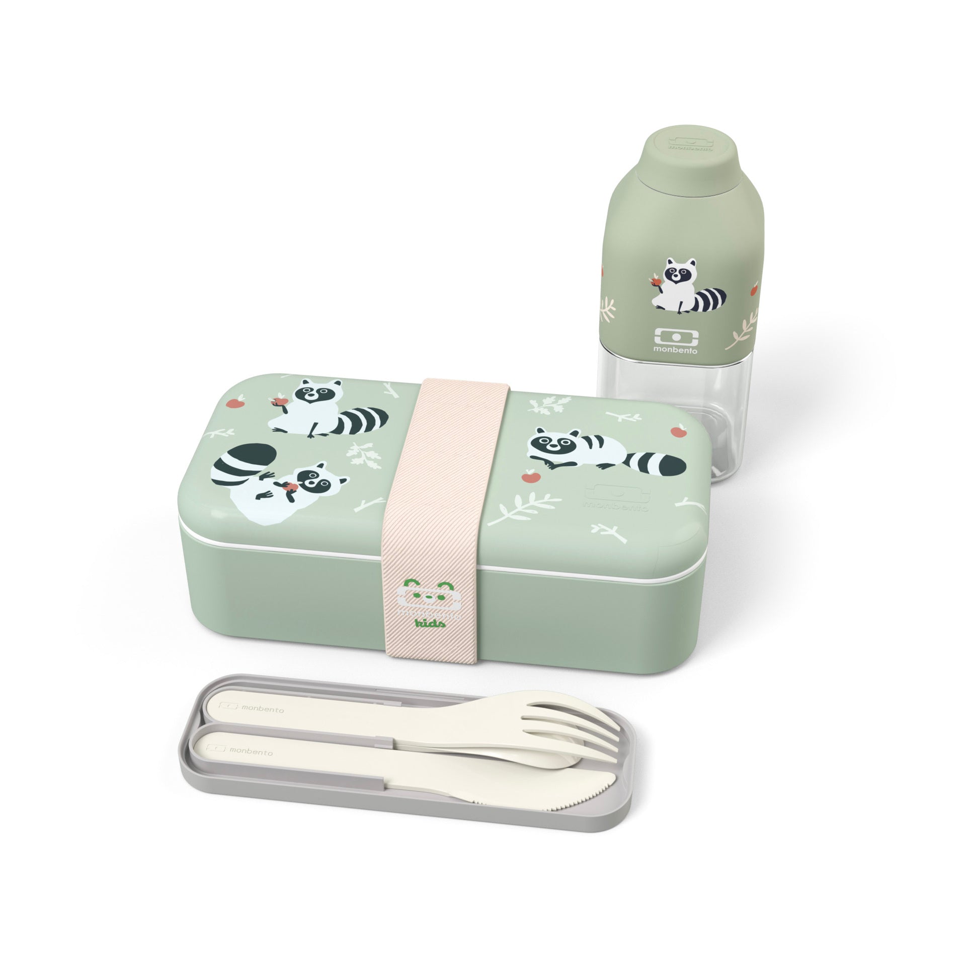 Monbento Foodie dárková sada dětského svačinového boxu, green raccoon, 88007354
