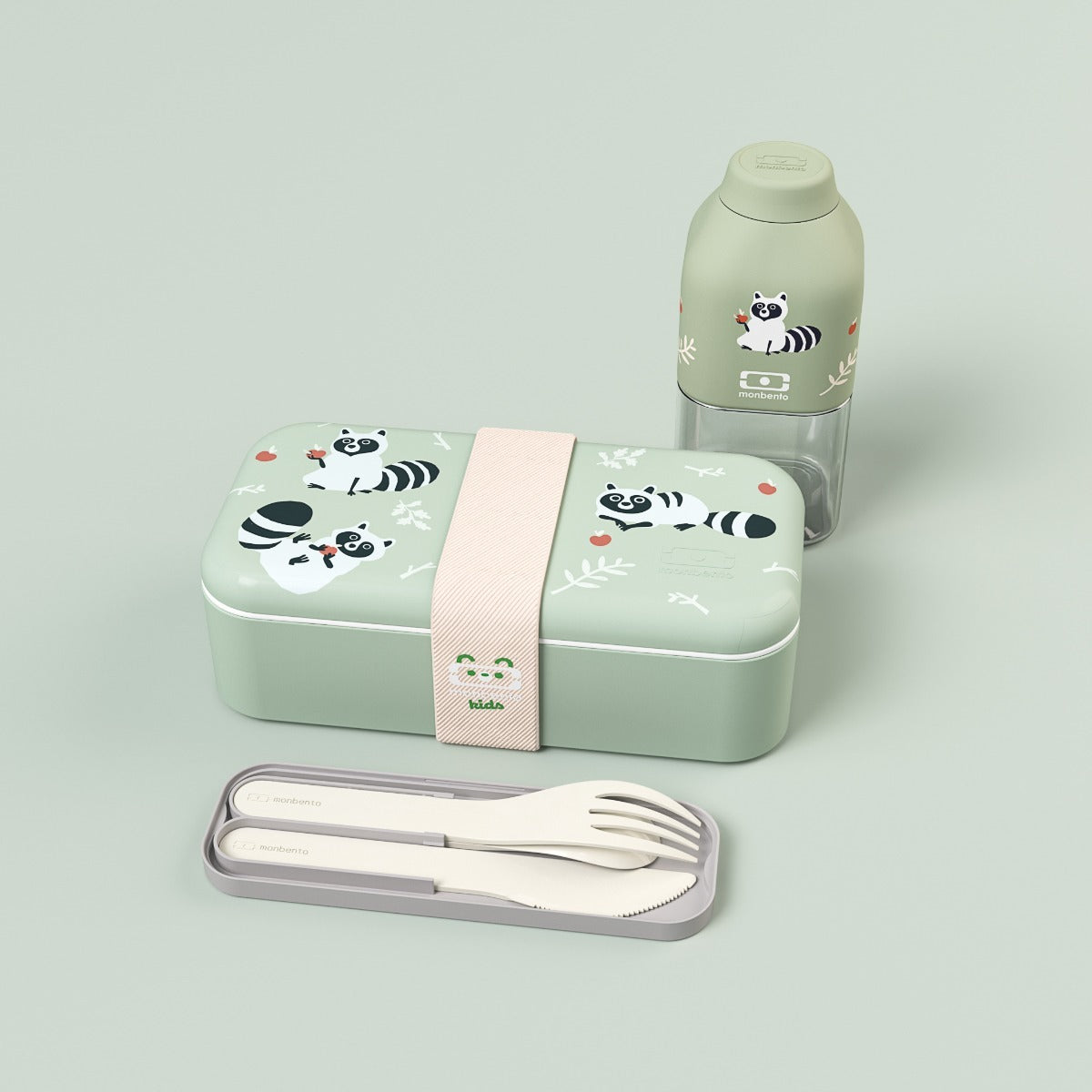 Monbento Foodie dárková sada dětského svačinového boxu, green raccoon, 88007354