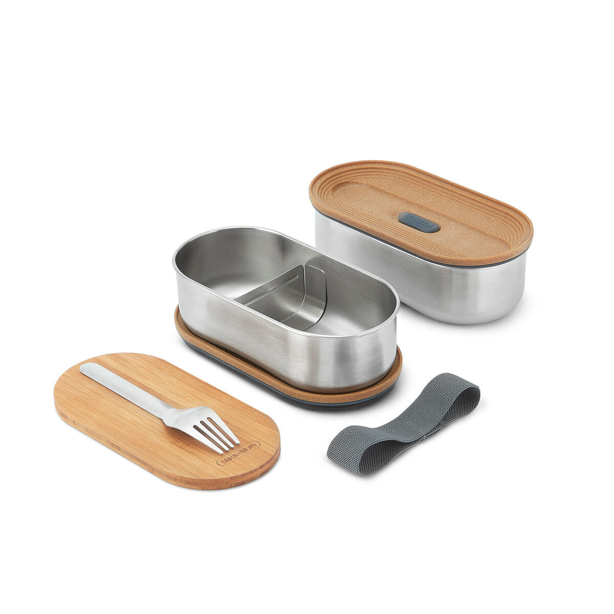 Black+Blum Bento svačinový box s bambusovým víkem a vidličkou 1 l, grey, BAM-BT-L016