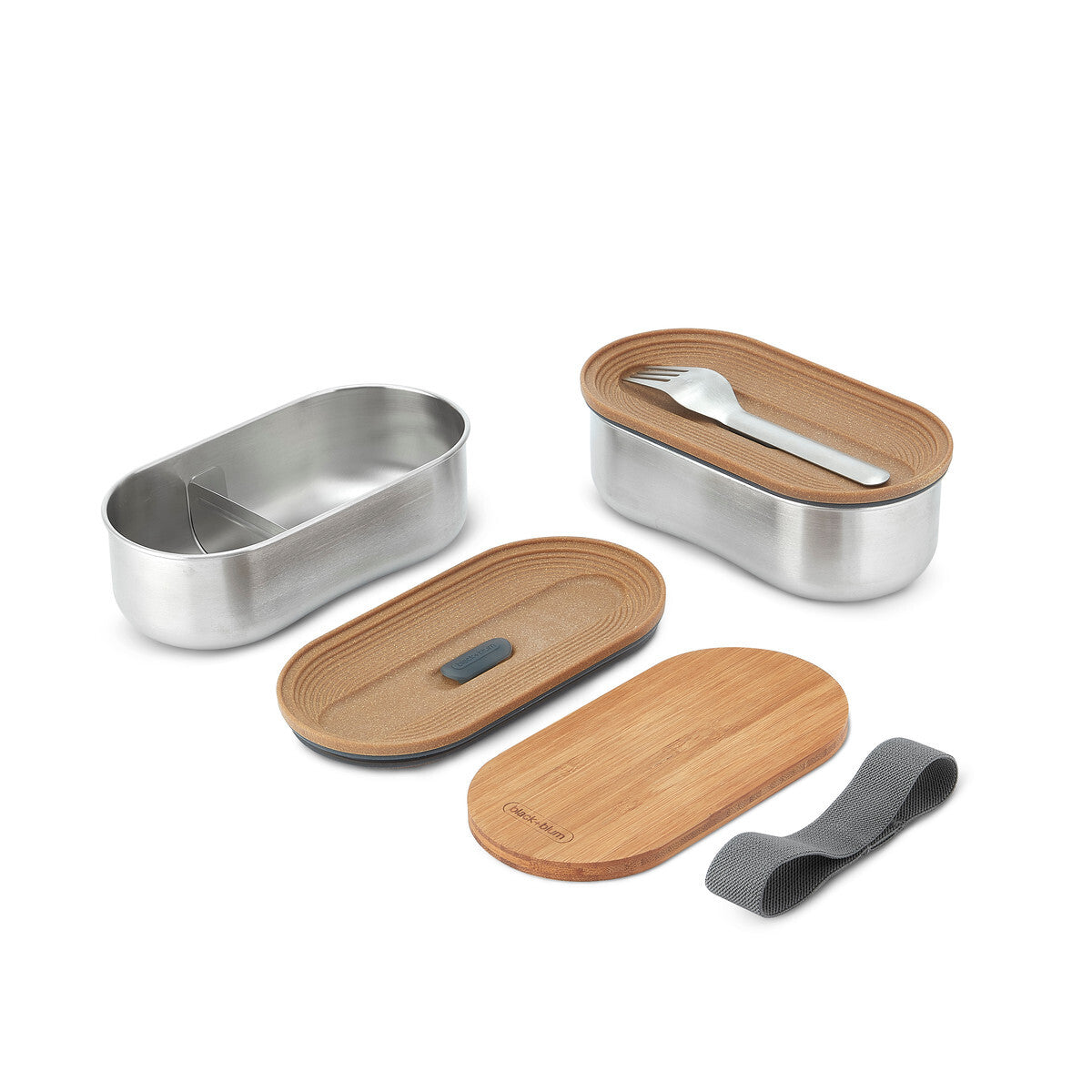 Black+Blum Bento svačinový box s bambusovým víkem a vidličkou 1 l, grey, BAM-BT-L016