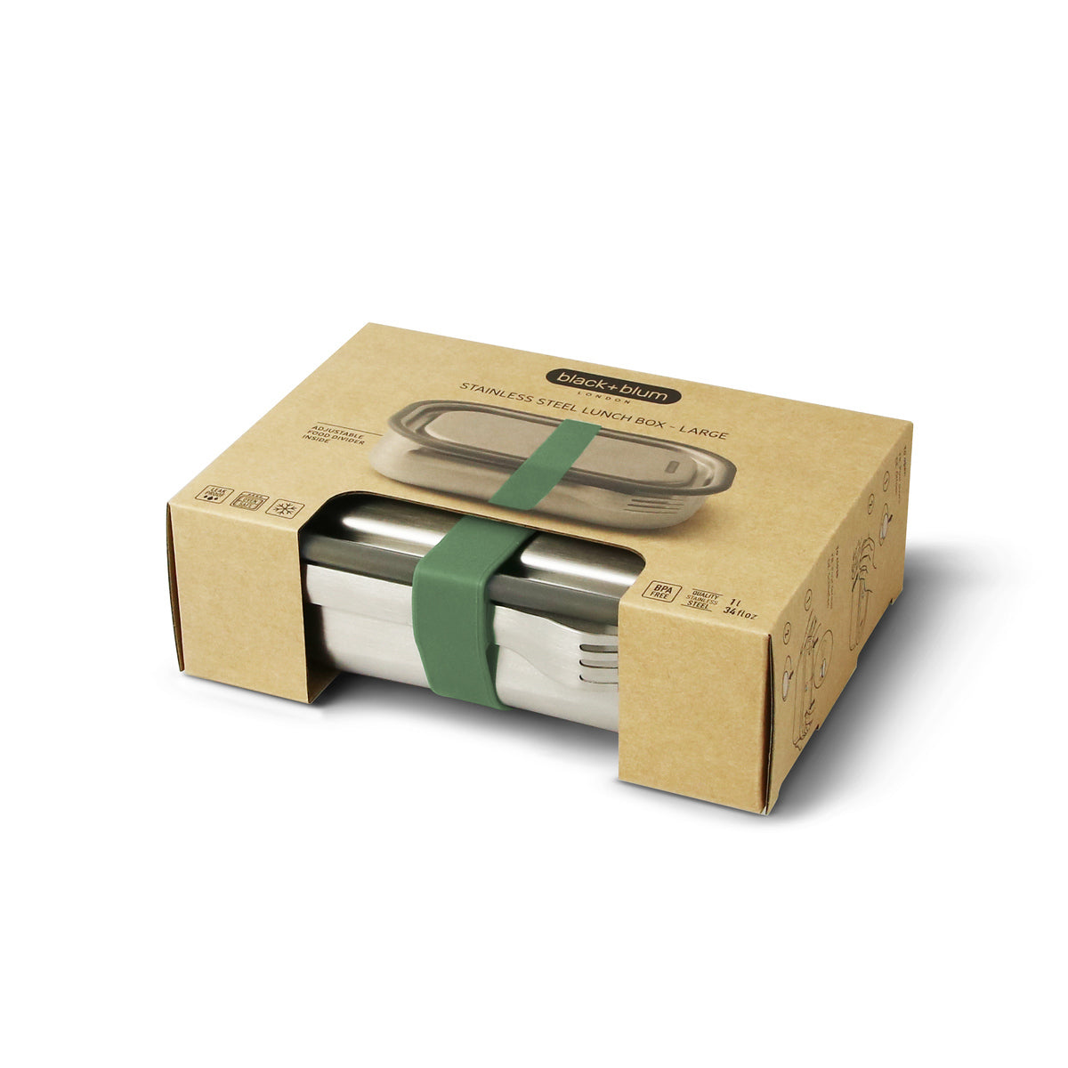 Black+Blum nerezový svačinový box s vidličkou 1 l, olive, BAM-SS-L010