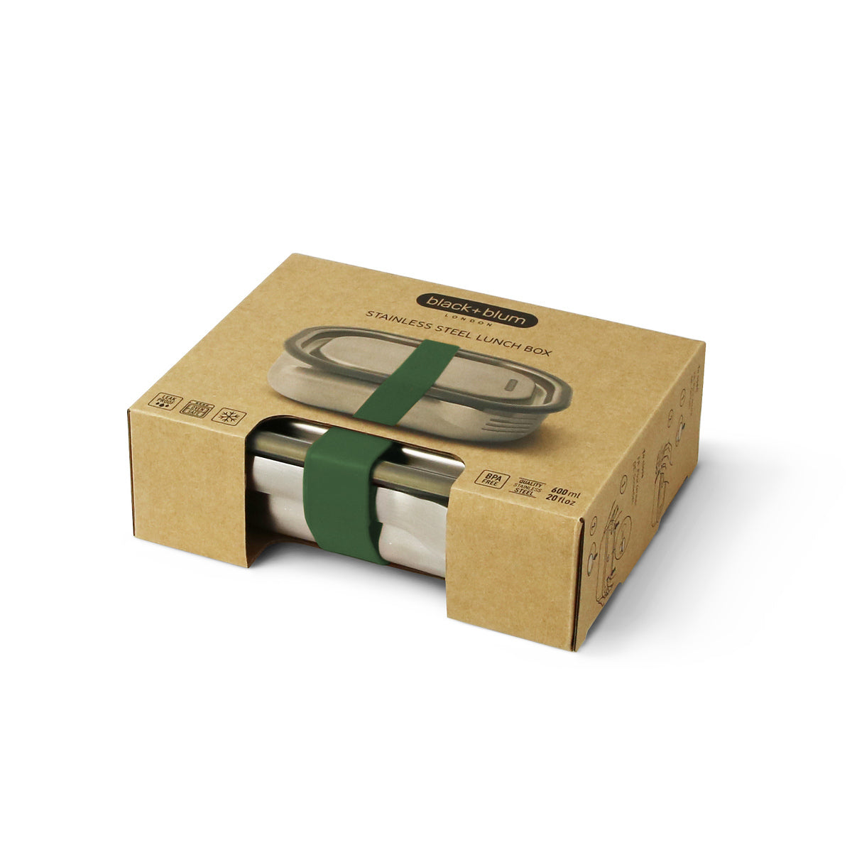 Black+Blum nerezový svačinový box s vidličkou 0,6 l, olive, BAM-SS-S010